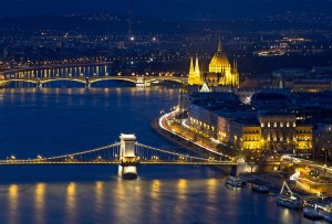 Sunset over the Szechenyi Chain Bridge and Parliament Building seen from Citadella in Budapest, Hungary